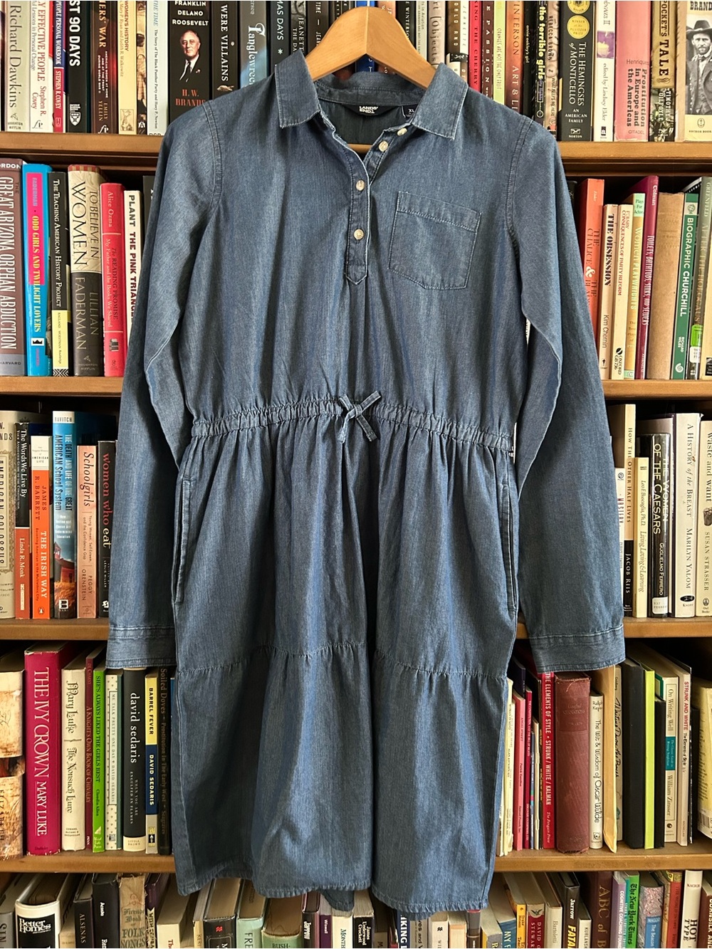 Lands' End Girls' Denim 100% Cotton Long Sleeve POCKETS Elastic Waist Dress XL